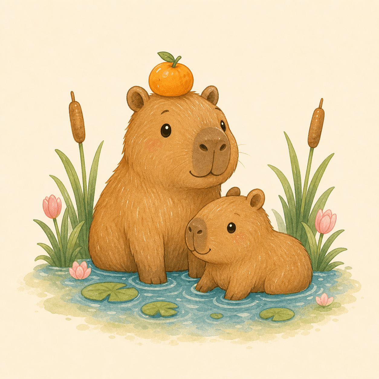 Two smiling capybaras sitting by water and reeds