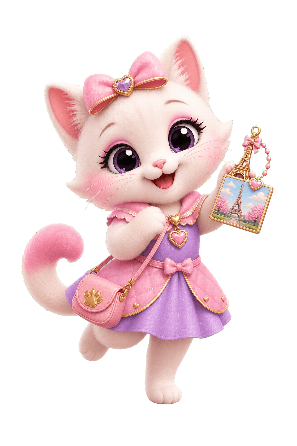 Mrs. Kitty Paws holding a travel charm and suitcase